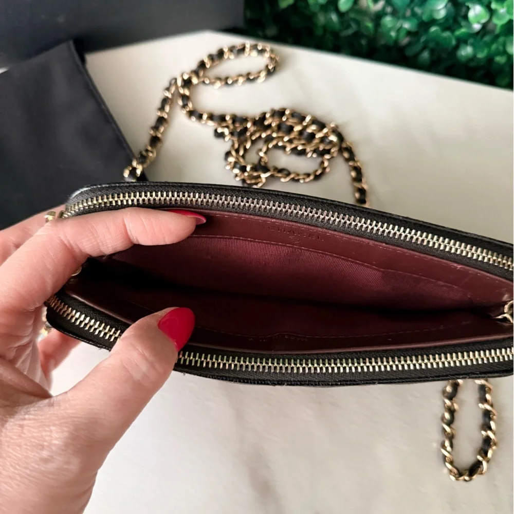 Chanel Black Caviar Quilted Double Zip Clutch with Chain Crossbody Bag Authentic